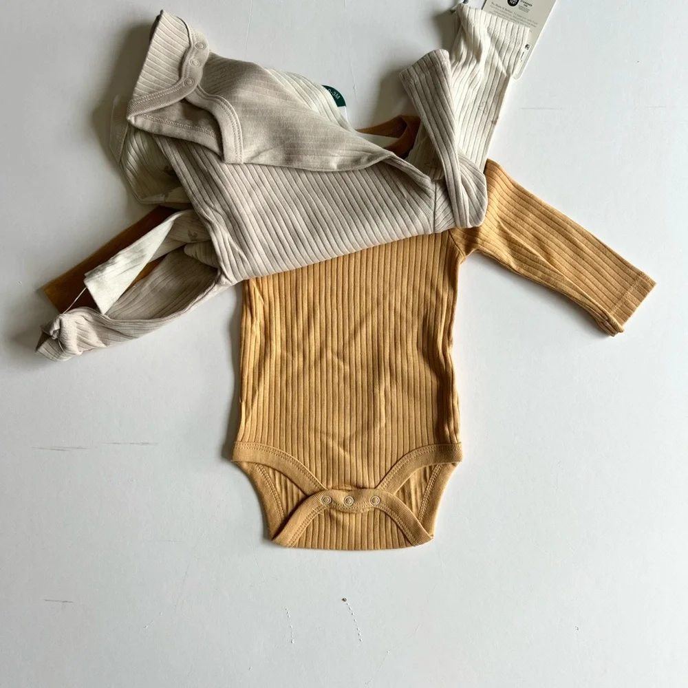 2 Cloud Island 3pc Ribbed Cream and Tan Baby Bodysuit Set Long Sleeve Bird Print - Picture 8 of 13